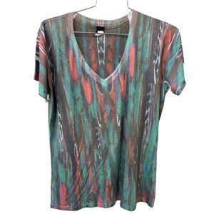Cruel Abstract Print V Neck T Shirt Womens 2XL Short Sleeve Green Orange Indie